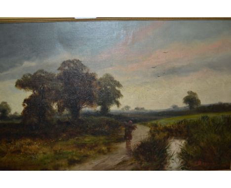 19th Century oil on canvas, landscape at sunset with figure carrying wood, signed Hooper, 12ins x 19.5ins CONDITION REPORT 19