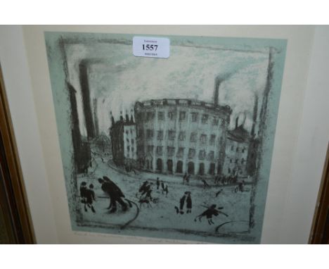 Harold Riley, signed print, inscribed ' Road in Manchester with round building ', signed and inscribed in ink, 13ins x 11.5in