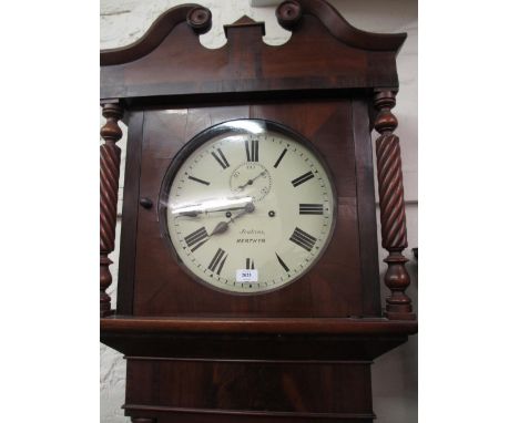 19th Century mahogany longcase clock, the swan neck pediment above shaped door flanked by spiral columns and conforming base,