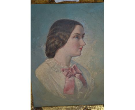 19th Century gilt framed oil, head and shoulder portrait of a young lady, 7ins x 5.5ins
