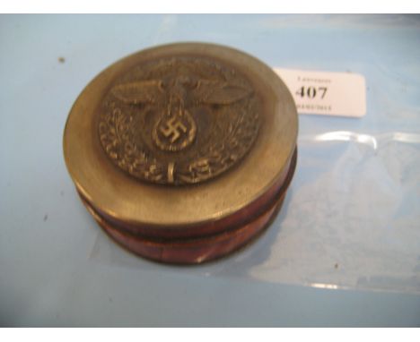 Circular cylindrical burr wood and silver plate mounted snuff box, the lid decorated in relief with Third Reich insignia