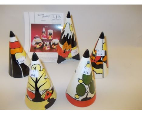 Group of five various Lorna Bailey ceramic sugar casters in Clarice Cliff style