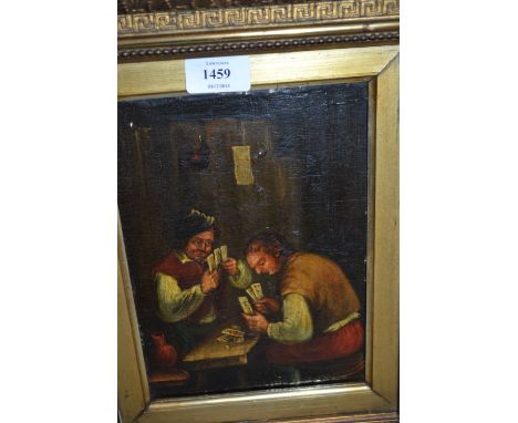 Pair of 18th Century oils on wooden panels, interior scenes with figures playing cards and figure smoking, 6ins x 9ins, gilt 