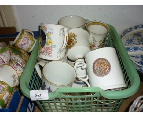 Quantity of Royal Commemorative cups and mugs, salt glazed stoneware jug, pottery chintz decorated jardiniere and a blue and 
