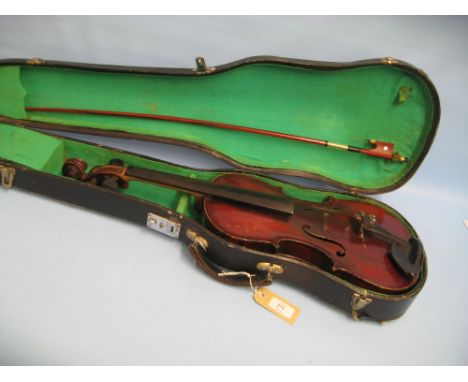 Violin and bow in fitted case, violin bearing label John G. Murdoch and Company, London (a/f)