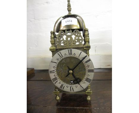 Mid 20th Century Mercer of St. Albans brass lantern clock having silvered chapter ring with Roman numerals and single train e