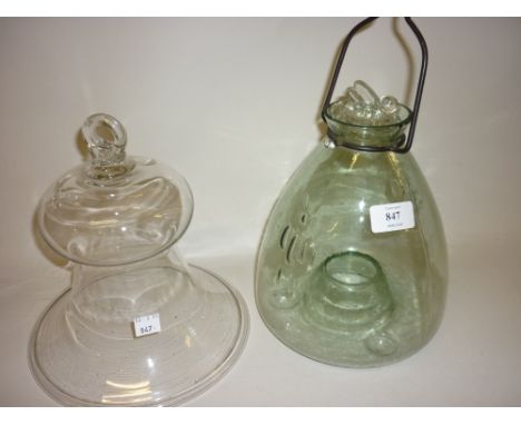 German ceramic vase, glass wasp trap and a large glass bell