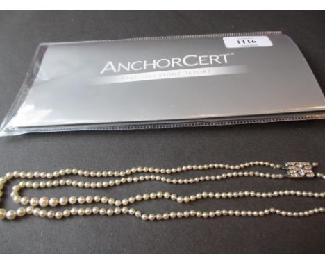 Fine two row graduated natural saltwater pearl necklace of one hundred and one and one hundred and seven pearls, the largest 