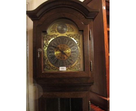 Reproduction oak longcase clock with three train weight driven striking movement