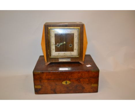Art Deco walnut cased two train mantel clock and a Victorian walnut brass bound writing box (a/f)