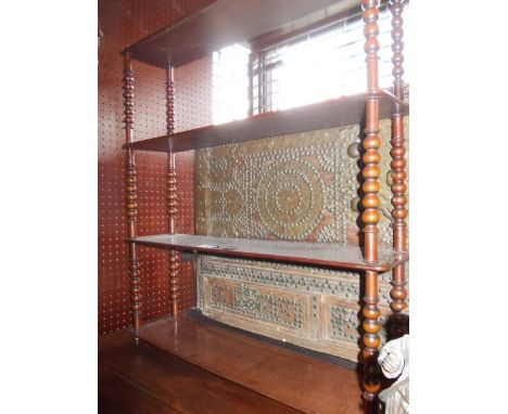 19th Century mahogany four shelf hanging wall bracket on bobbin supports