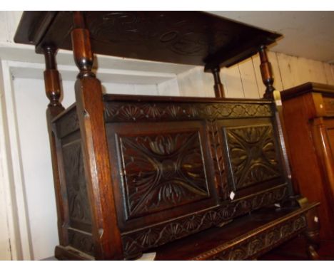 Early 20th Century carved oak box seat monks bench
