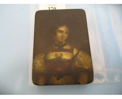 19th Century Stobwasser rectangular papier mache snuff box, the cover painted with a young girl of Berne, signed to the inter