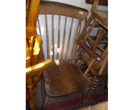 19th Century beech and elm stick back open elbow chair on turned supports