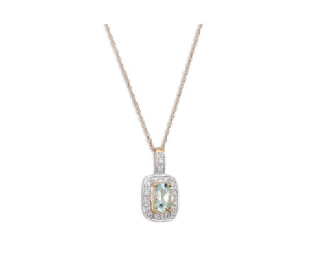 A DIAMOND AND AQUAMARINE PENDANT, the emerald cut aquamarine to diamond surround and bail, mounted in 9ct gold, on a chain