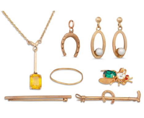 THREE GOLD BROOCHES, together with a pendant, chain and earrings, 14.6 g.