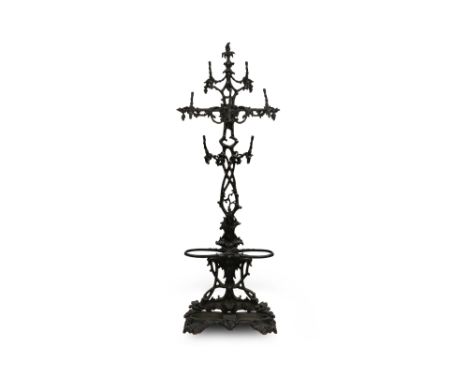 A GOOD QUALITY 19th CENTURY COALBROOKDALE CAST IRON HALL, HAT &amp; STICK STAND, drip tray stamped Coalbrookdale, ca 6'8 (ca.