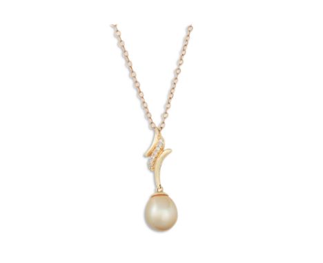 A DIAMOND AND PEARL PENDANT, the cream tone drop pearl to diamond mount, on a yellow gold chain