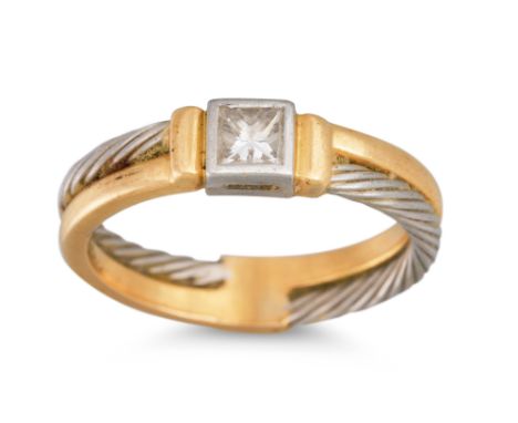 A DIAMOND SOLITAIRE RING, the princess cut diamond mounted in platinum and 18ct gold, size M