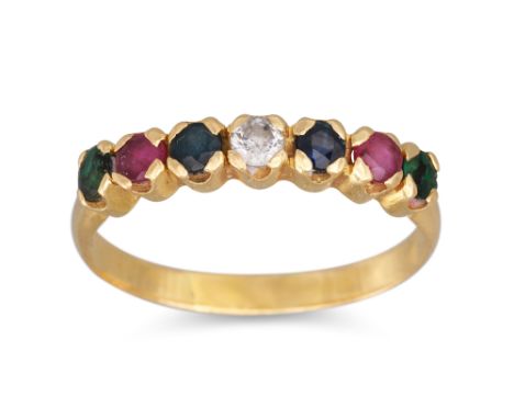 A SEVEN STONE MULTI GEM SET RING, mounted in 18ct yellow gold, size U - V