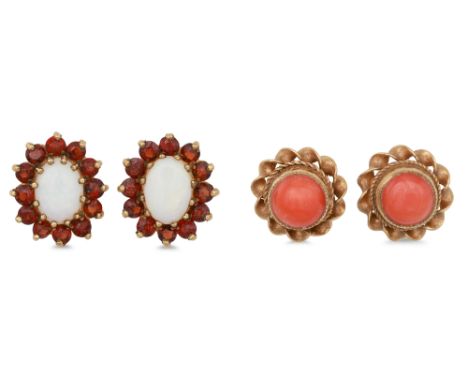 TWO PAIRS OF GOLD EARRINGS, one coral set and other opal &amp; garnet set