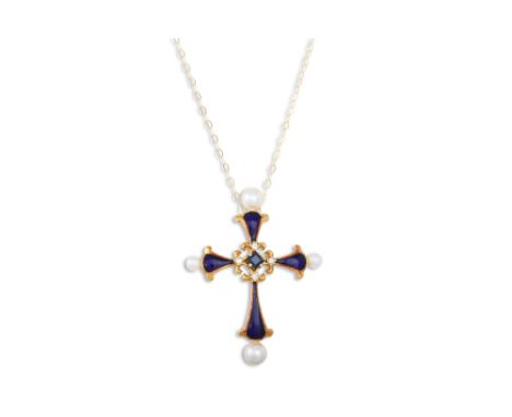 A BLUE ENAMEL, GOLD AND PEARL CROSS, on a chain