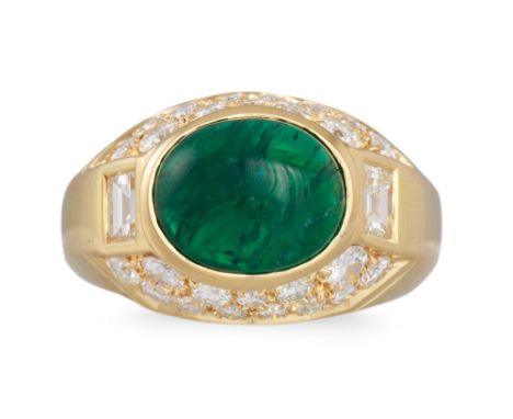 A VINTAGE EMERALD AND DIAMOND CABOCHON RING, pavé diamond set to a 18ct yellow mount. Estimated: weight of diamonds: 0.52 ct.