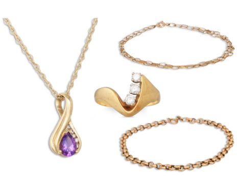 A LOT COMPRISING; A DIAMOND THREE STONE RING, mounted in 18ct gold, together with an amethyst and gold pendant/chain and two 