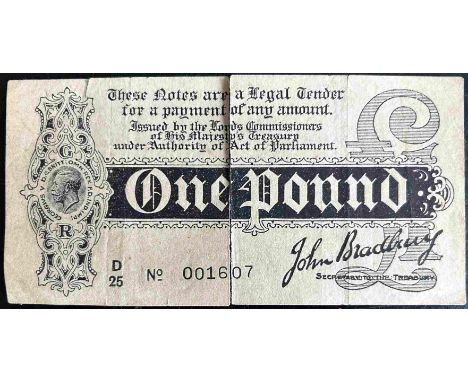 Bradbury One Pound, First Issue, 3rd Third type, no. D25 001607 (torn)  with a selection of coins, including some Georgian ex
