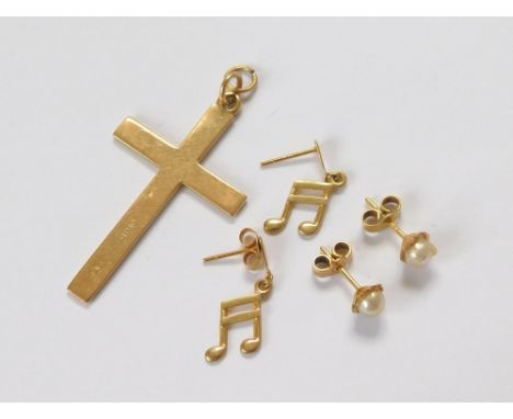 GOLD CROSS ETC. A plain 9ct. gold cross & two pairs of gold earrings.  Please note that all items in this auction are previou