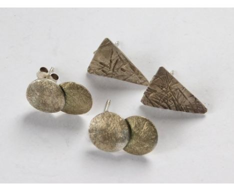 EARRINGS. A pair of triangular hand made silver earrings, by MS. Also, one other pair of silver & silver gilt hand made earri