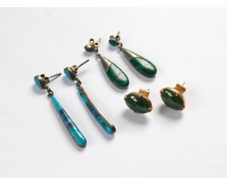 SILVER & GOLD EARRINGS. Two pairs of drop silver earrings in malachite & lapis with turquoise. Also, a pair of jade stud earr