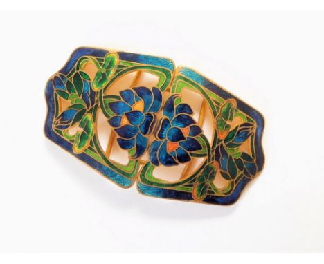 BUCKLE. A gilt metal, two-part enamelled buckle. Width 8.5cm.  Please note that all items in this auction are previously owne