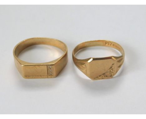 SIGNET RINGS. Two 9ct. gold signet rings, one set with three small diamonds. Both size U. Approx. 6.6g.  Please note that all