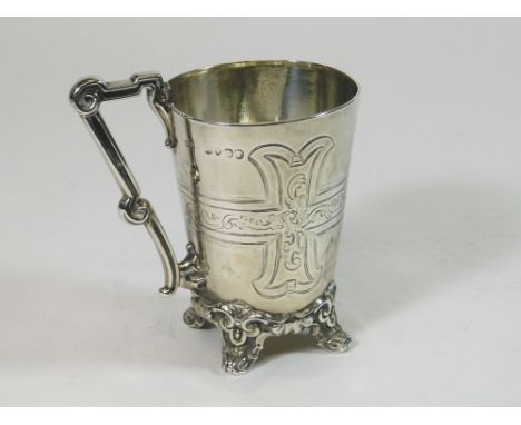 CHRISTENING MUG. A Victorian silver christening mug by Joseph Angell II. Halllmarks rubbed but possibly 1849. Full height 10c