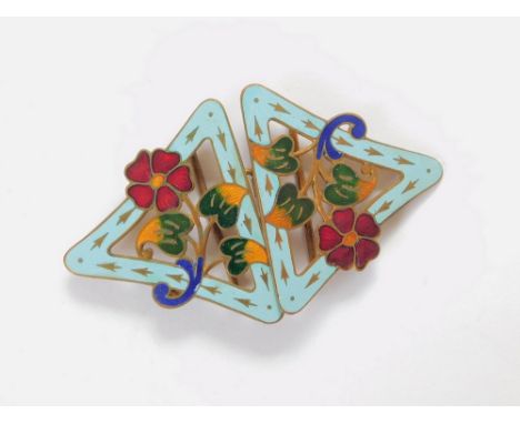 BUCKLE. A gilt metal, two-part enamelled buckle. Width 8cm.  Please note that all items in this auction are previously owned 