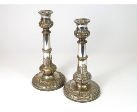 CANDLESTICKS. A pair of Sheffield plate telescopic candlesticks. Max. height 28cm.  Please note that all items in this auctio
