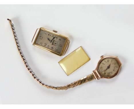 GOLD WATCHES ETC. Two gold watches: a lady's 9ct. gold cased wristwatch with import marks for London 1916. The dial stamped f