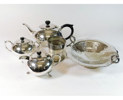 TEA SERVICE ETC. An Australian EPNS three piece tea service, a pierced dish & a collapsible cup.  Please note that all items 