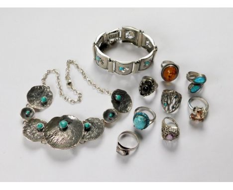 SILVER RINGS ETC. Eight various silver dress rings set with amber, amethyst, faux turquoise & faux opal etc & an Israeli silv