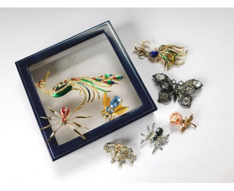 COSTUME JEWELLERY. A collection of costume jewellery, mostly animals & insects, including an enamelled peacock brooch & a Bir