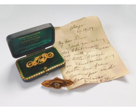 GOLD BAR BROOCHES. A Victorian 15ct. gold bar brooch, set a ruby & split pearl cluster. Also, an Edwardian 9ct. gold bar broo