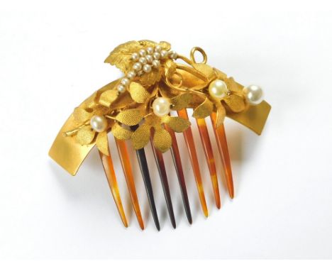 HAIR COMB. A Victorian tortoiseshell gilt metal & faux pearl hinged hair comb. Max. width 10cm. Max. height 8.5cm.  Please no