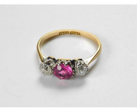 DIAMOND RING. An 18ct. gold & platinum diamond & corundum (probably synthetic) ring. Each diamond of approx. 0.25ct. spread. 