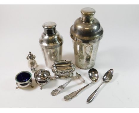 COCKTAIL SHAKERS ETC. Two silver plated cocktail shakers, a table lighter, a German baby's spoon set etc.  Please note that a