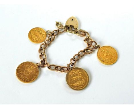 GOLD COIN BRACELET. A 9ct. rose gold bracelet with 9ct. gold padlock clasp. Hung with a Victorian 1896, loose mounted soverei