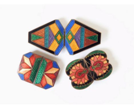BUCKLES. Two Art Deco, two-part, brass & enamelled buckles & one other smaller brass & enamel buckle. Largest width 6cm.  Ple