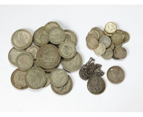 COINS ETC. A quantity of pre-1947 coinage (some pierced) & a silver St. Christopher pendant on metal chain. Coin weight appro