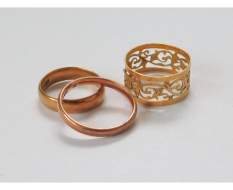 GOLD RINGS. A 9ct. rose gold wedding band (approx. 2g), a 22ct. gold wedding band (approx. 4.2g) & an unstamped yellow metal 