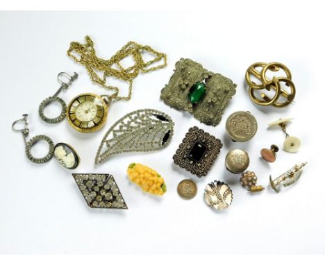 COSTUME JEWELLERY ETC. Paste set costume jewellery including buckles & a dress clip. Also, two Victorian bachelor's buttons e